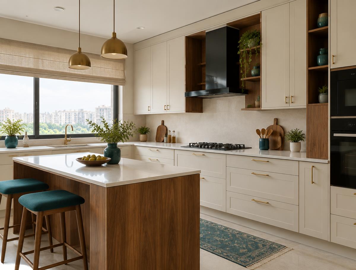 Warm contemporary modular kitchen with walnut cabinetry